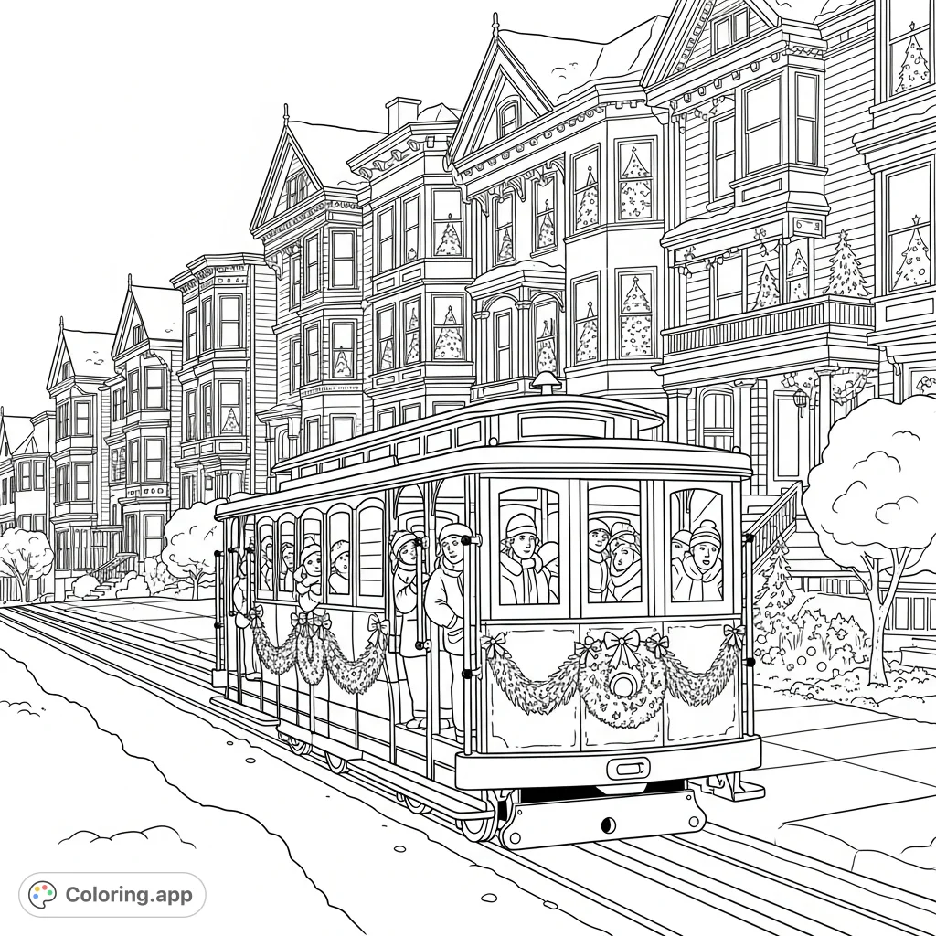 Experience a charming San Francisco festive cable car scene. Detailed Victorian houses, holiday decorations, and a gentle snowfall await your creative touch!