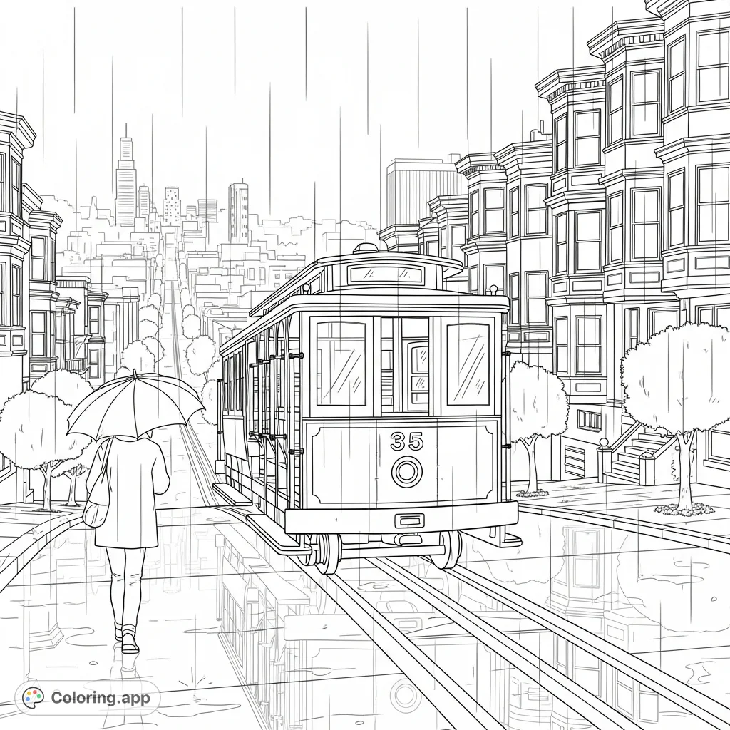 Capture the iconic San Francisco cable car ascending a rain-slicked street, with Victorian houses and a lone figure under an umbrella. A classic city scene.