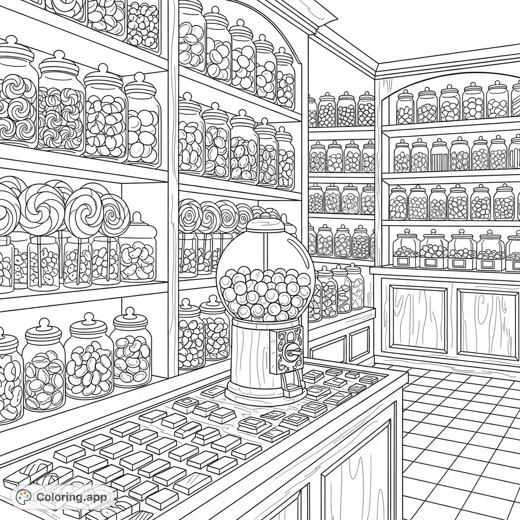 Step into a charming old-fashioned candy shop filled with detailed jars of peppermints, lollipops, and jelly beans, plus a vintage gumball machine.