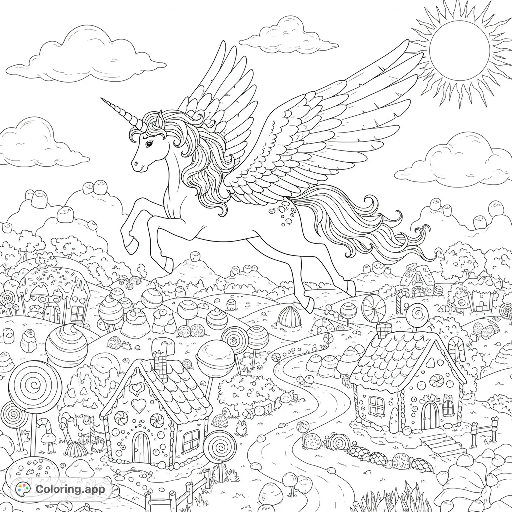 A majestic unicorn soars over a whimsical candy land, filled with sweet treats and magical details. Perfect for a delightful coloring adventure.