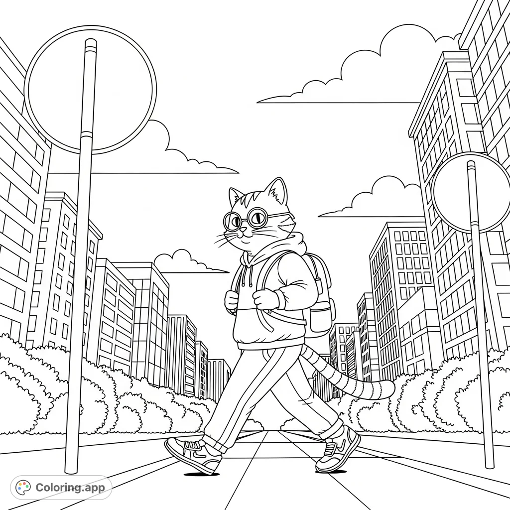 An anthropomorphic cat in glasses and a hoodie confidently walks a city sidewalk, surrounded by tall buildings and street signs. A fun, free printable coloring page.