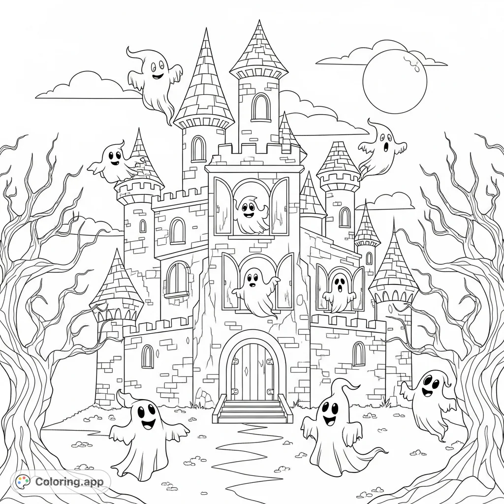 Explore a grand, old castle with tall turrets and crumbling walls, where friendly, whimsical ghosts float and dance under a large moon. A charmingly spooky scene!