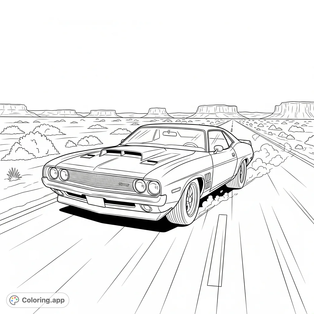 A powerful 1970s muscle car races down a desert road, kicking up dust. Features a prominent hood scoop and wide tires against a minimal landscape.