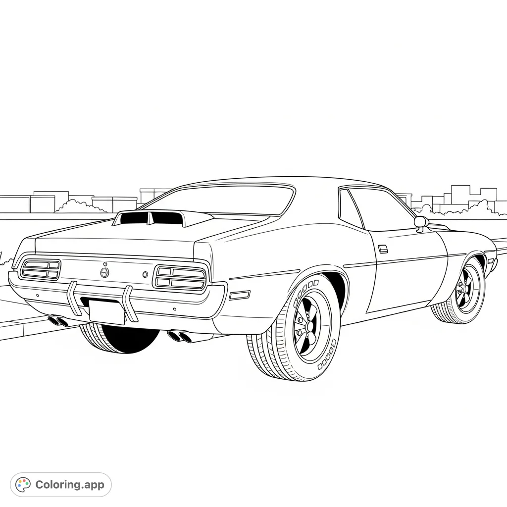 A detailed 1970s muscle car, featuring a shaker hood and deep-dish wheels, presented from a dynamic rear three-quarter view for coloring enthusiasts.