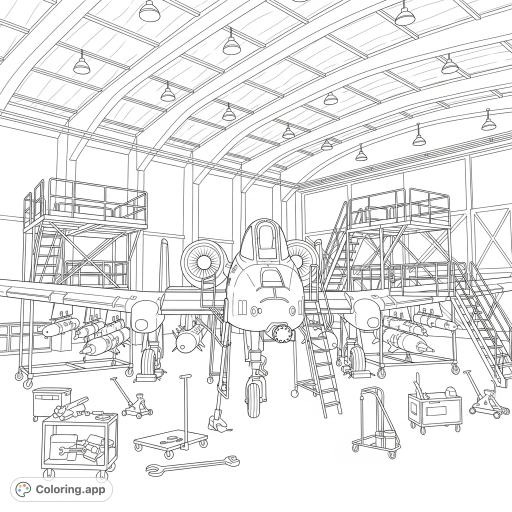 Color a detailed A-10 Thunderbolt II in a hangar, surrounded by maintenance platforms and tools. Perfect for aviation enthusiasts!
