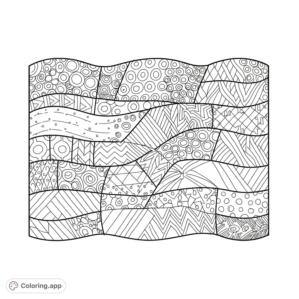 Intricate abstract pattern coloring page with diverse geometric shapes and wavy lines, perfect for mindful coloring and creative expression.