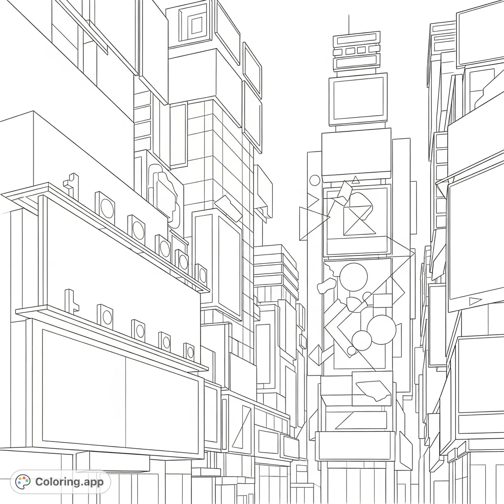 A vibrant abstract urban scene with stacked rectangular signboards and bold geometric shapes, capturing the energetic spirit of a bustling city hub.