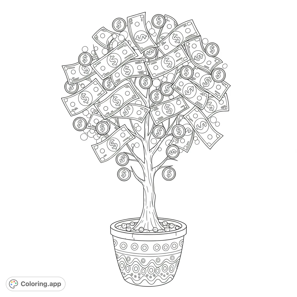 A detailed money tree coloring page, brimming with dollar bills and coins in a decorative pot. A free printable coloring page for prosperity and fun!