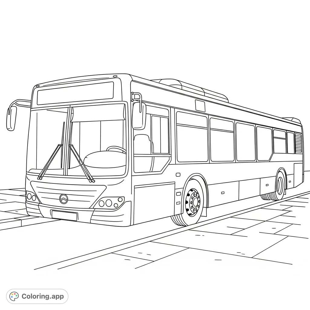 A detailed coloring page of a modern low-floor city bus, kneeling for accessibility at a simplified urban curb, ready for creative color exploration.