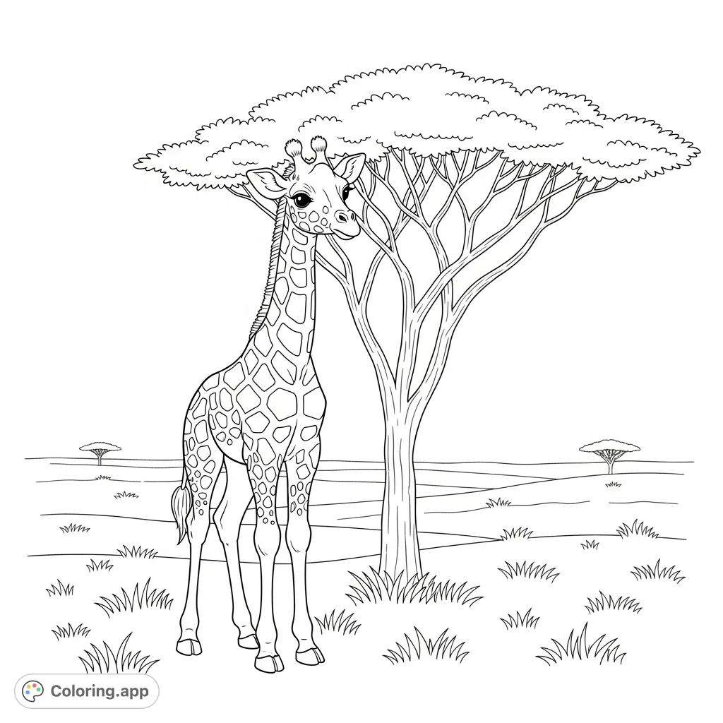 An endearing baby giraffe stands beside a tall acacia tree in a peaceful savanna. Its gentle gaze and spotted coat offer a delightful coloring experience.