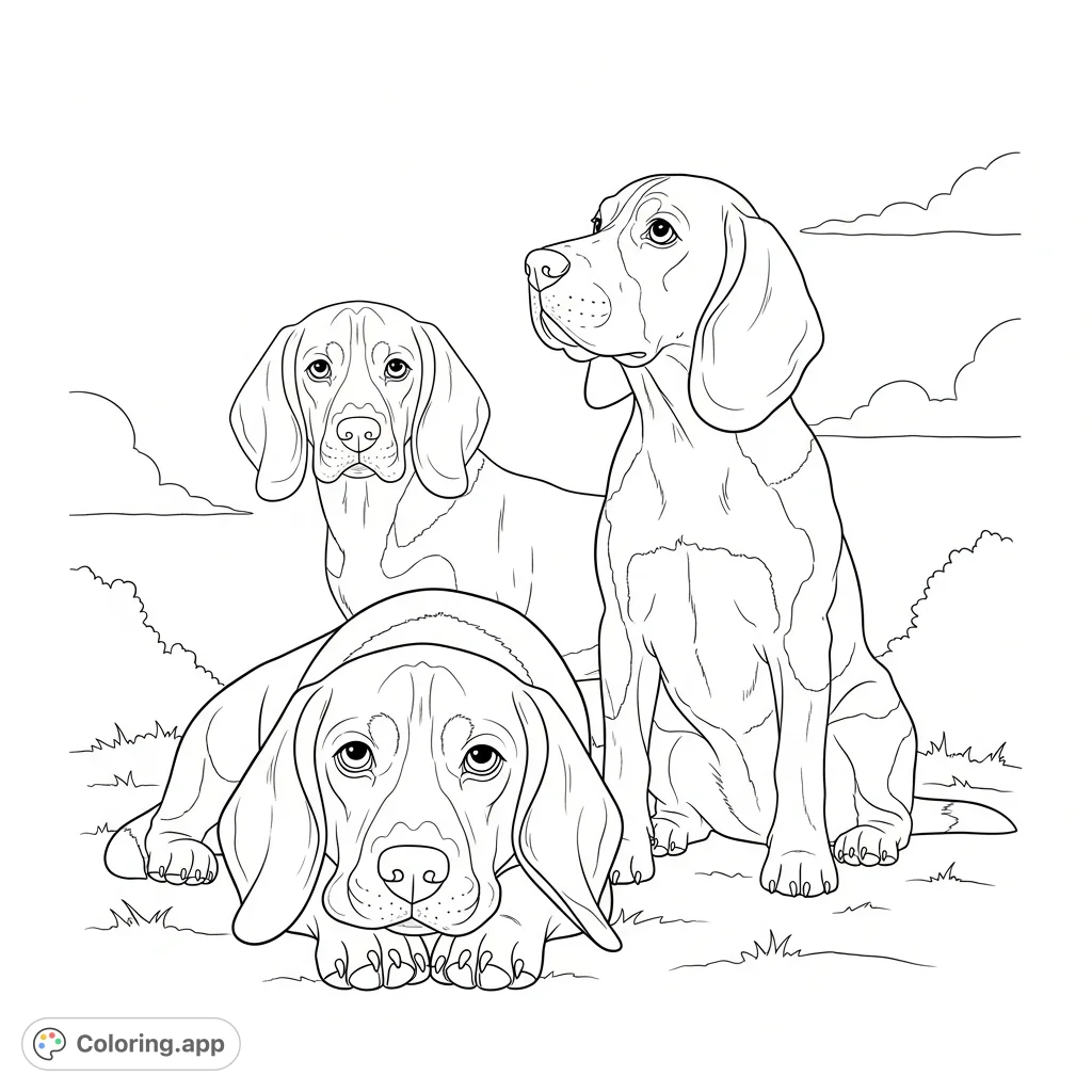 A heartwarming coloring page featuring three beagles in varied poses: resting, sitting, and standing. Perfect for dog lovers of all ages!