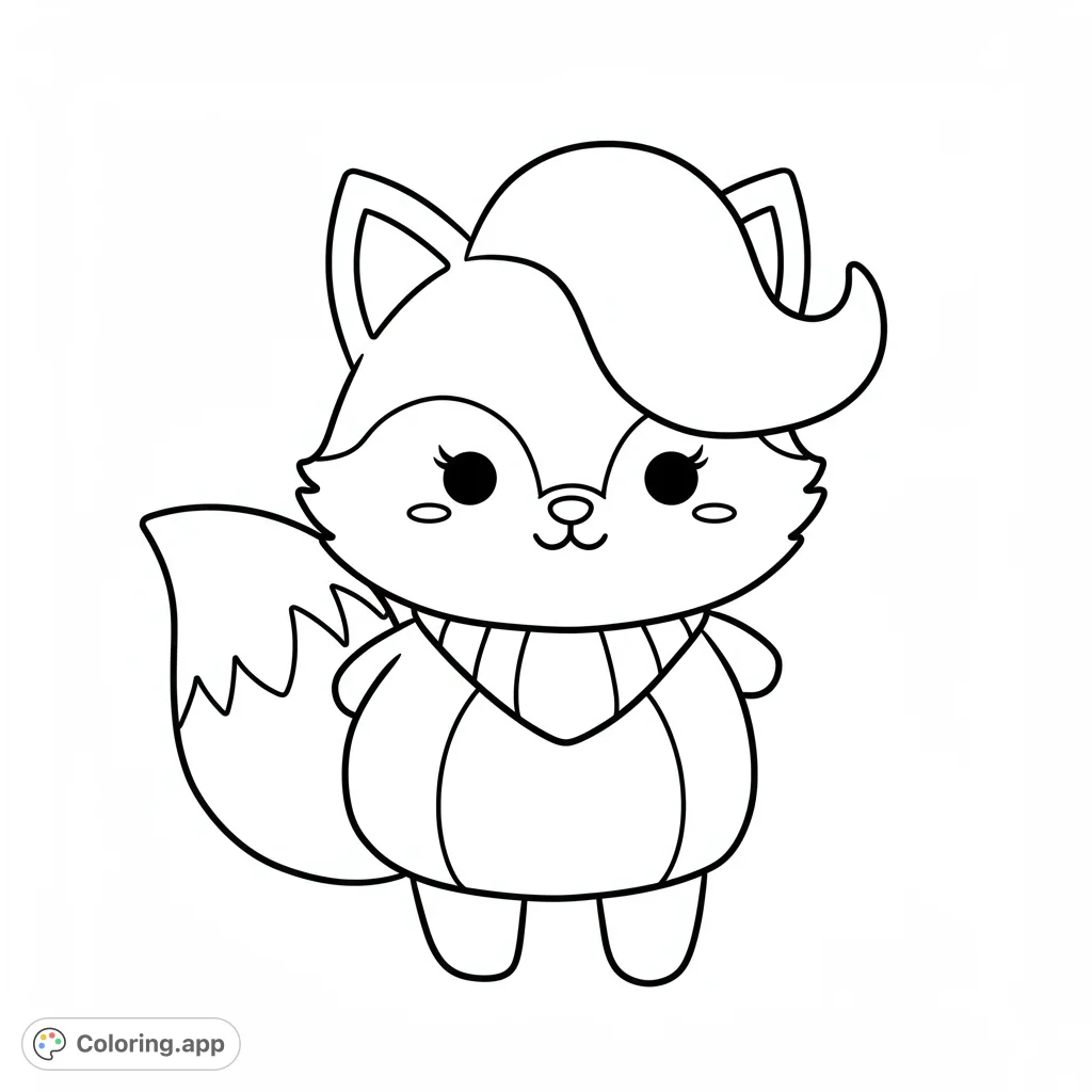 An adorable cartoon fox coloring page featuring a cute character with big eyes, a fluffy tail, and a striped collar, perfect for fun and easy coloring.
