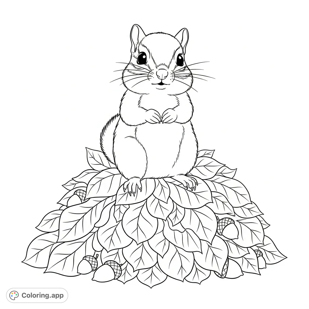 A charming chipmunk kit sits on a soft pile of rounded autumn leaves, surrounded by small acorns. A delightful scene for nature lovers.