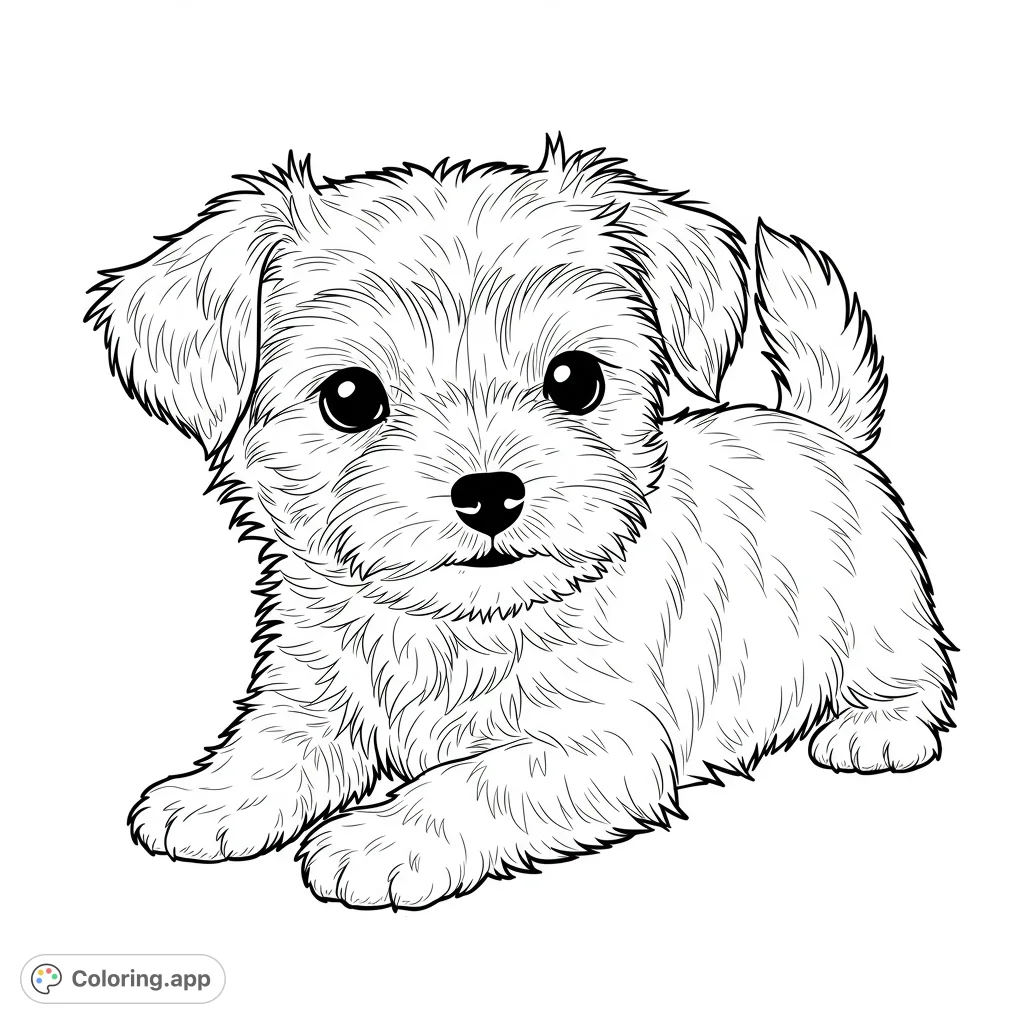An adorable fluffy puppy coloring page, perfect for animal lovers. Features a cute dog with big eyes, ready for vibrant colors.