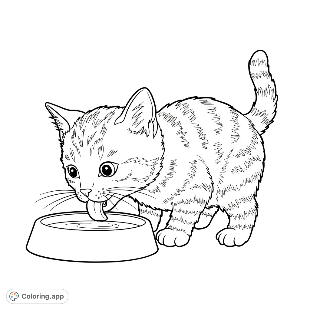 An adorable kitten coloring page featuring a fluffy feline lapping water from a bowl. A free printable coloring page for kids and adults.