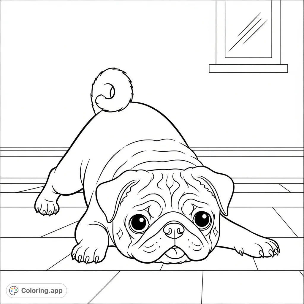 A cute pug is captured in a charming 'sploot' pose, lying on its belly with back legs stretched out. A minimal interior background enhances its appeal.