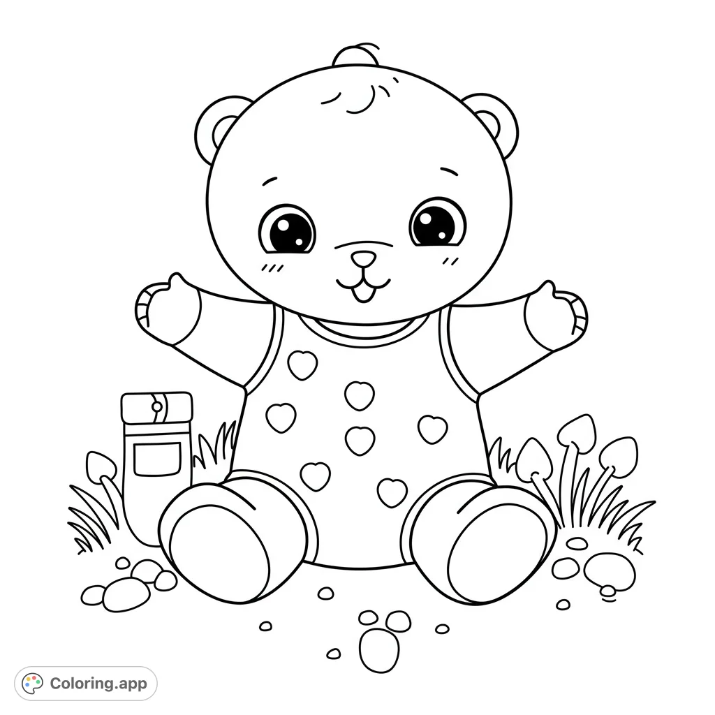 An adorable teddy bear in a patterned romper sits among grass, mushrooms, and pebbles with a jar. A sweet, free printable bear coloring page for kids.