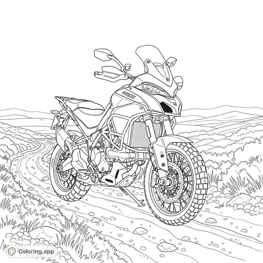 Detailed coloring page of an adventure motorcycle with a tall stance on a winding dirt trail, featuring an open landscape and distant hills. Perfect for motor enthusiasts.