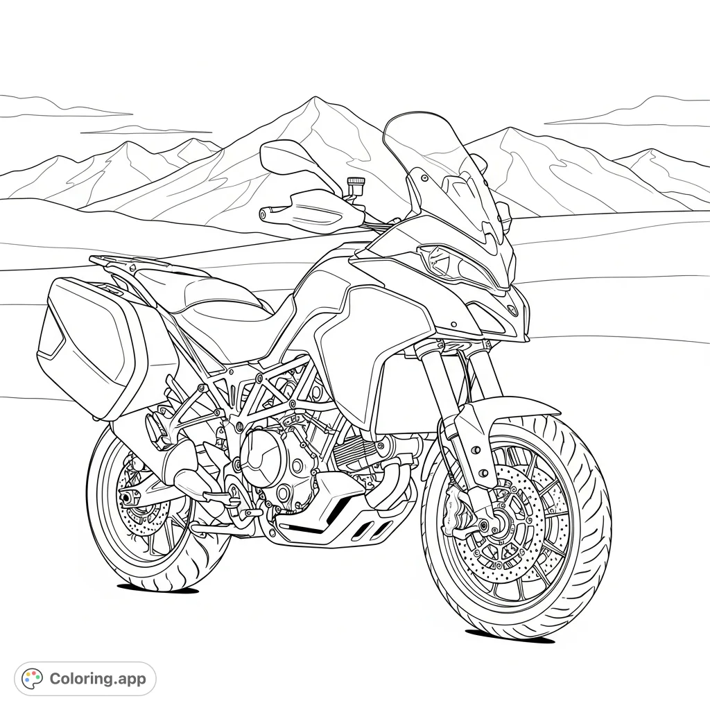 A detailed adventure touring motorcycle, complete with saddlebags, posed against a simplified, sweeping mountain range, ready for an epic journey.