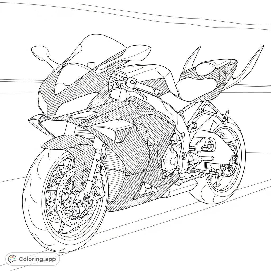 An intricate coloring page featuring a sleek, modern sportbike with carbon fiber textures and large aerodynamic winglets. Perfect for enthusiasts.