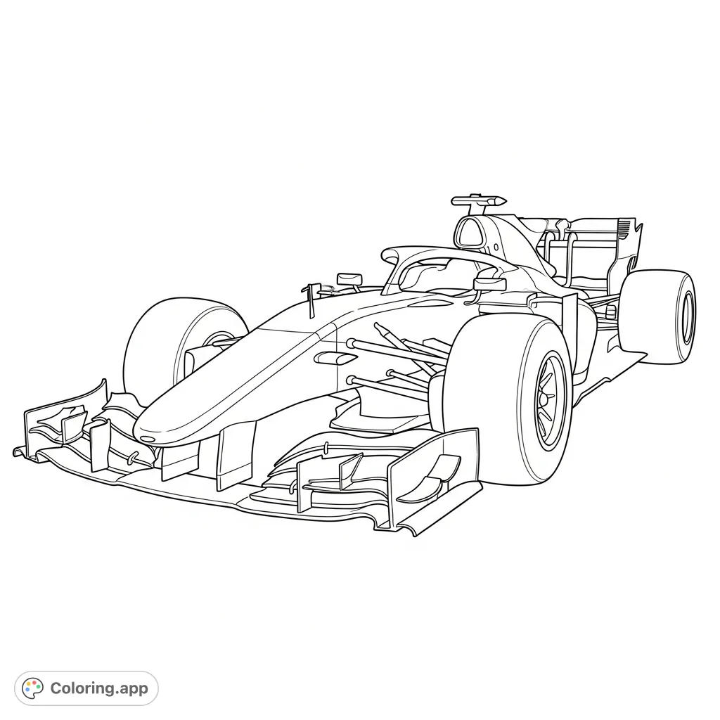 Experience the thrill of racing with this detailed Formula 1-inspired car coloring page. Features an aerodynamic design from a front three-quarter view.