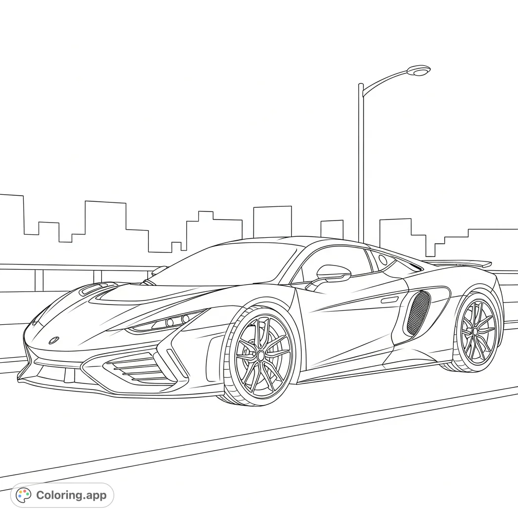 Color a powerful hybrid supercar with sleek lines and intricate details on a bustling city street. Perfect for car enthusiasts to showcase their creativity.