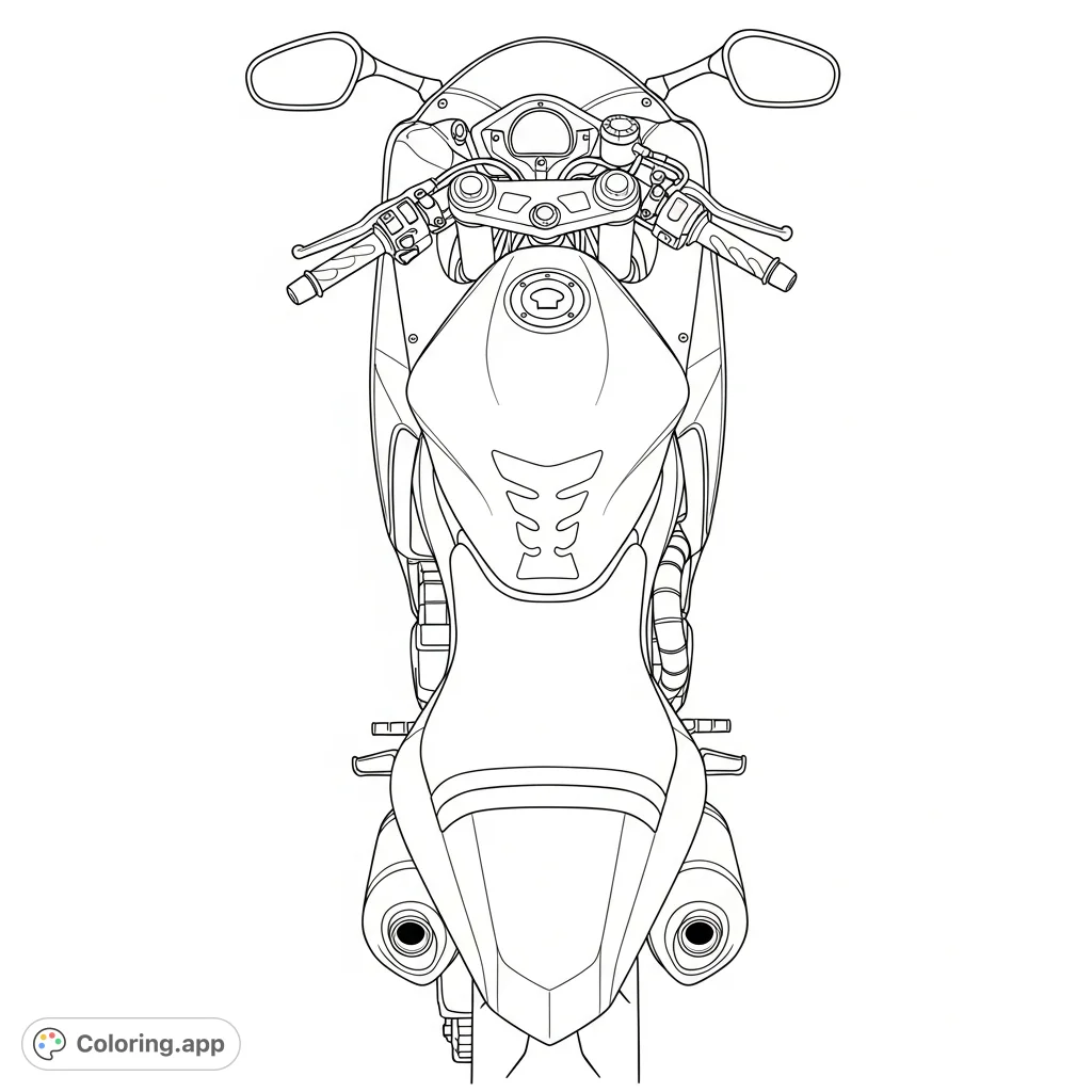 Detailed sport motorcycle seen from directly above, highlighting its sleek, aerodynamic contours, handlebars, and seat. Perfect for vehicle enthusiasts.
