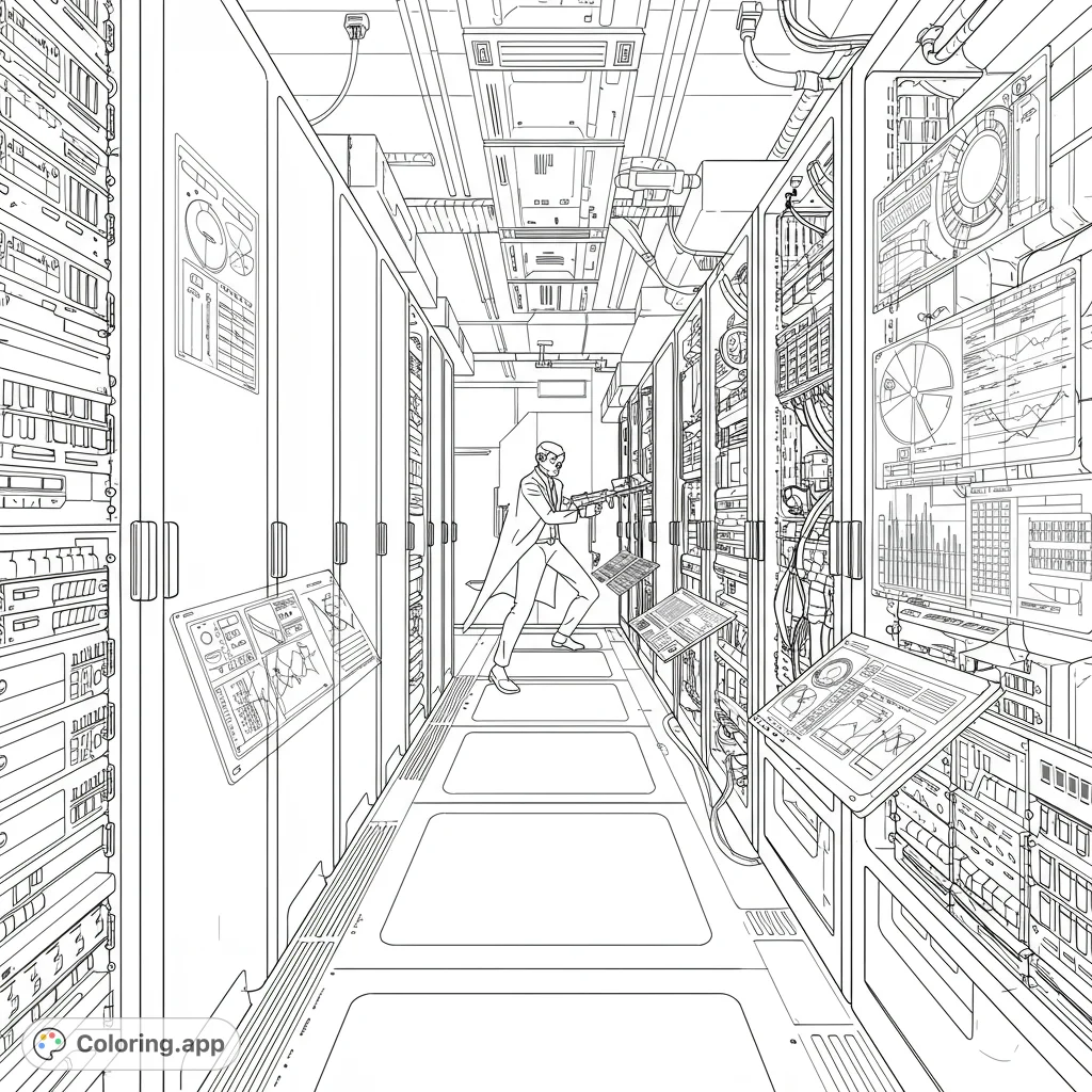 An agent navigates a futuristic data center, surrounded by intricate server racks and holographic displays. A thrilling sci-fi adventure awaits your colors!