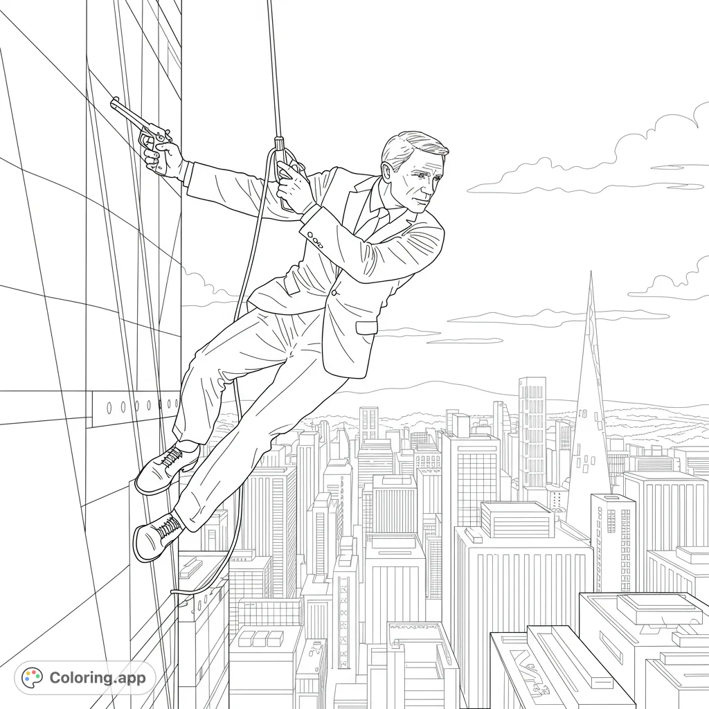 An action-packed spy agent rappels down a skyscraper, gun drawn, overlooking a detailed cityscape. A thrilling free printable spy action coloring page.