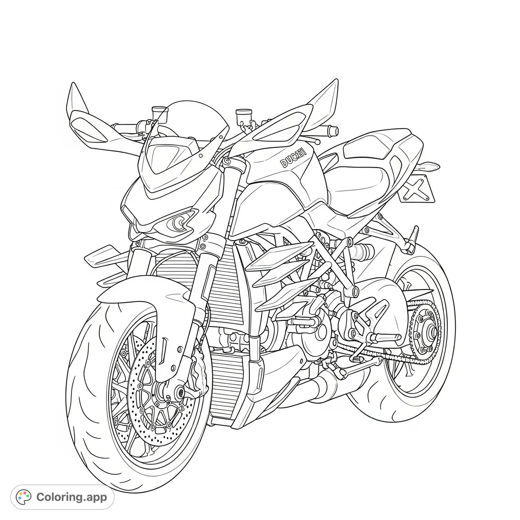 Color an aggressive Ducati Streetfighter-inspired naked bike. Features an angular front, prominent winglets, exposed engine, and clean, dynamic outlines.