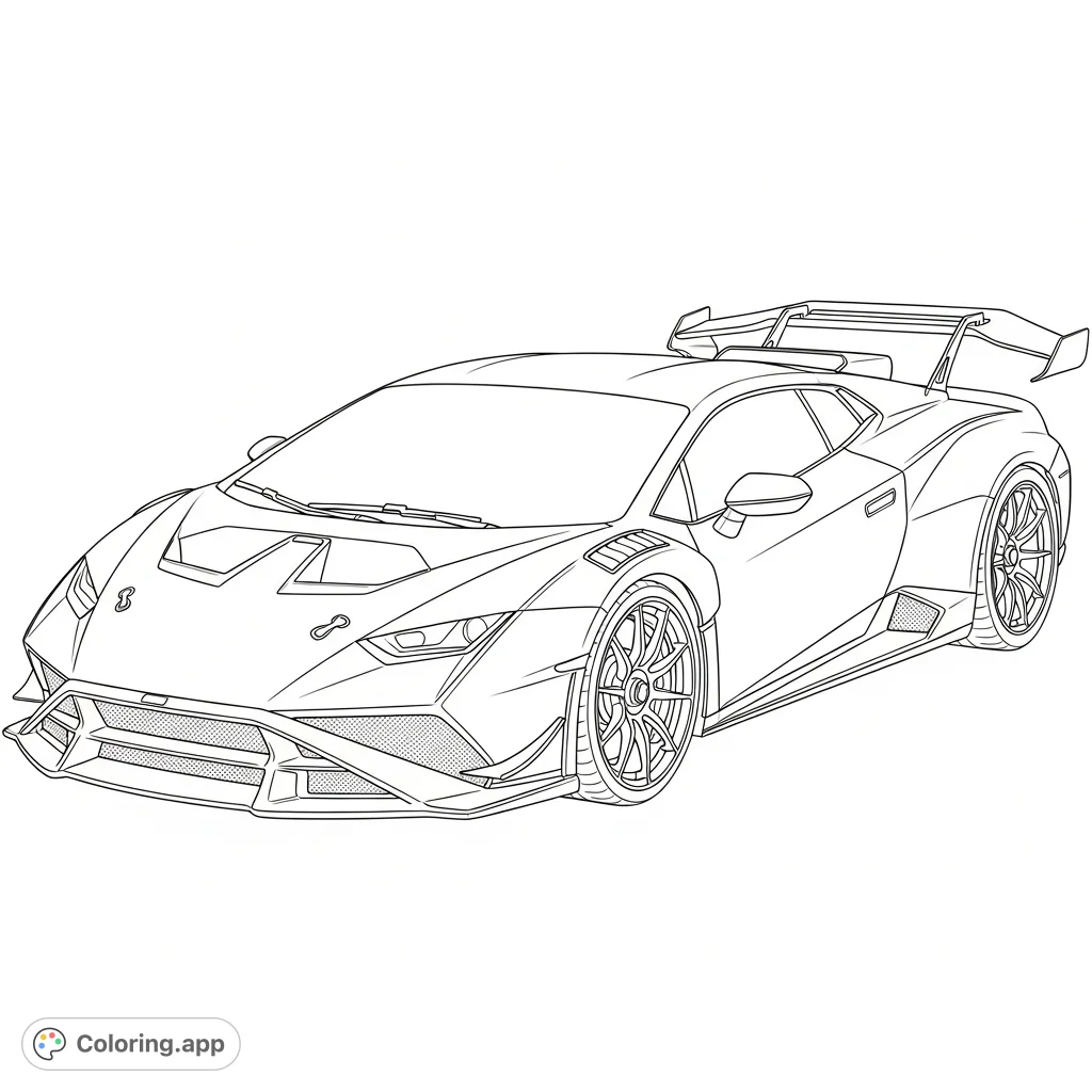 A detailed track car, inspired by the Huracán STO, showcasing exaggerated aero fins, a massive rear wing, and detailed technical outlines for precision coloring.