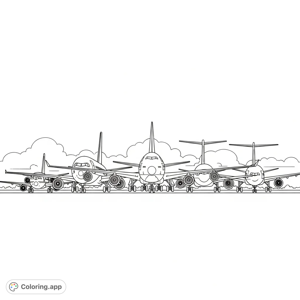 Explore the world of aviation with this detailed coloring page featuring a lineup of diverse airliners: narrow-body, wide-body, jumbo, and a futuristic concept jet.