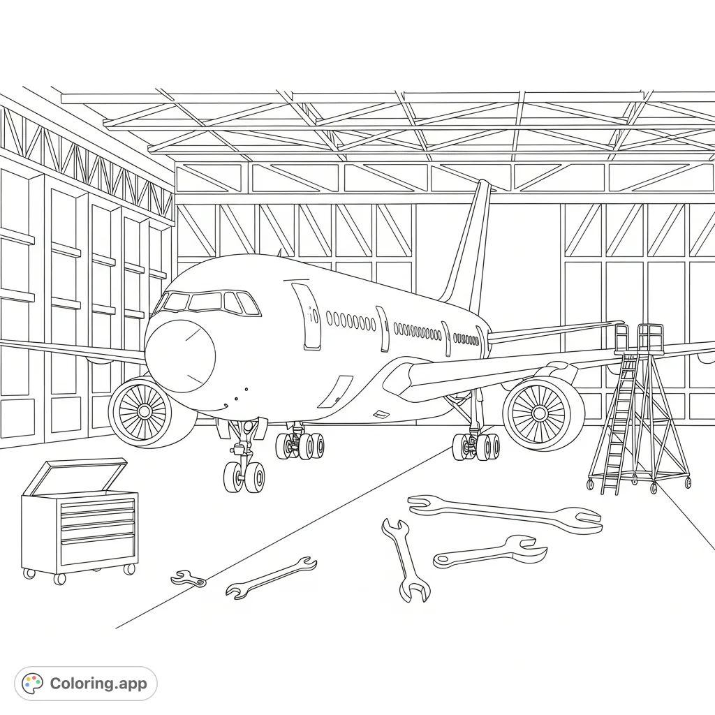 Color a detailed scene featuring a large passenger airliner parked inside a spacious hangar, complete with simplified tools and maintenance equipment.