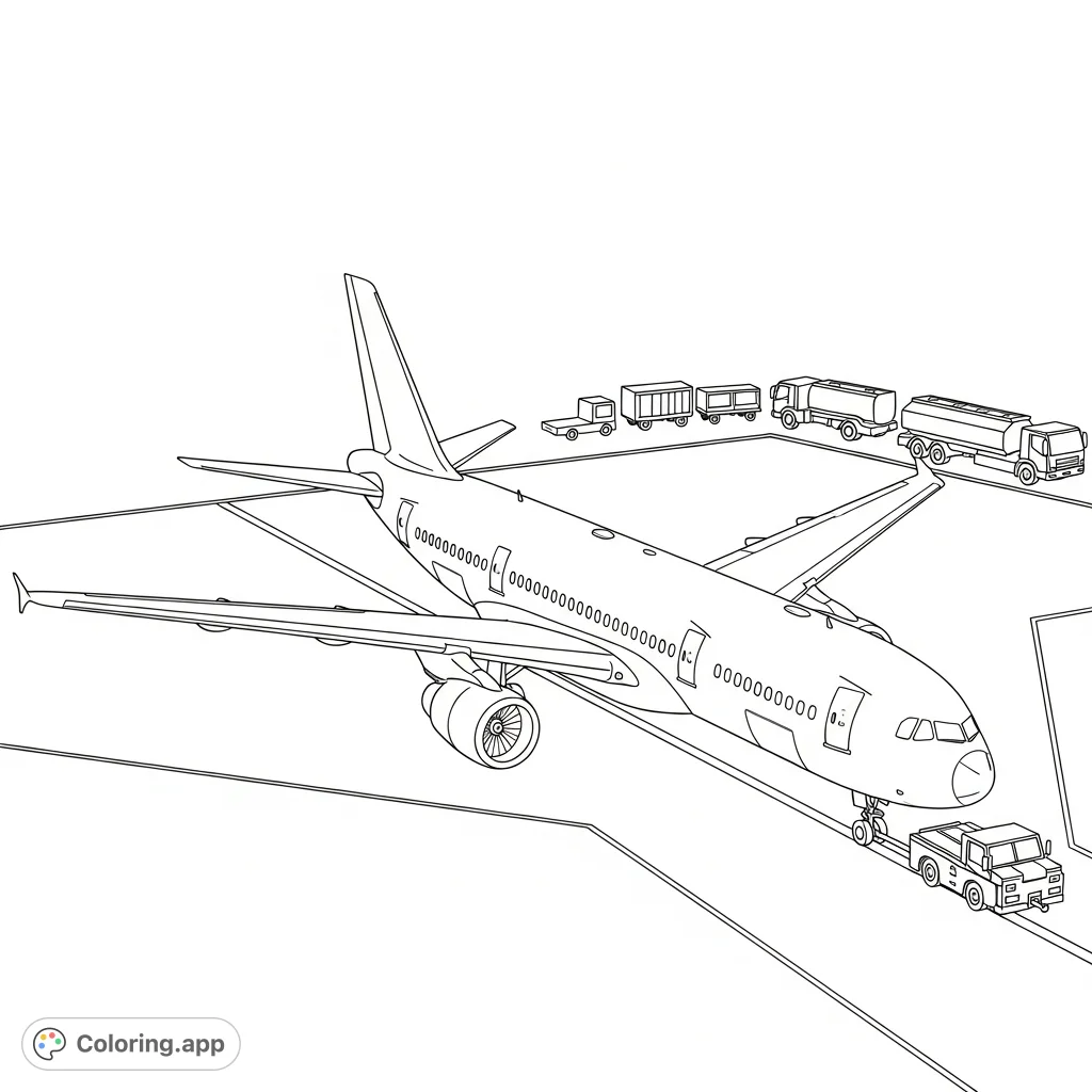 A detailed coloring page featuring a large commercial airliner parked on an airport apron, accompanied by simplified service vehicles in the background.