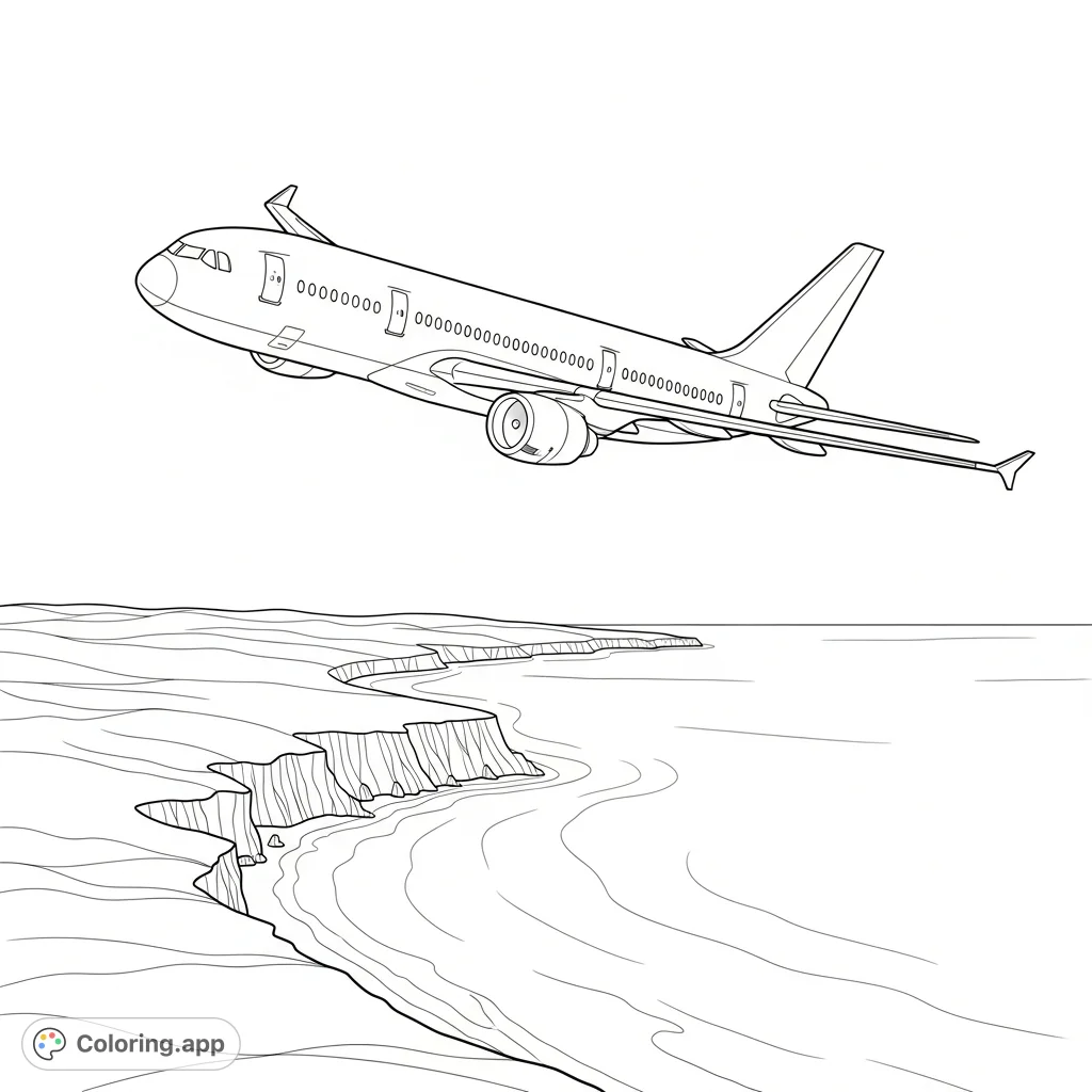 Color a dynamic scene featuring a twin-engine airliner banking gracefully over a rugged coastline with simplified cliffs and a vast ocean stretching below.