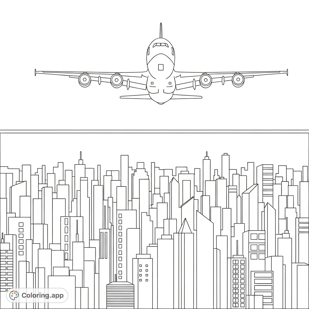 A detailed coloring page featuring a large airliner soaring above a stylized city skyline composed of bold, simple geometric buildings, offering a unique urban scene.