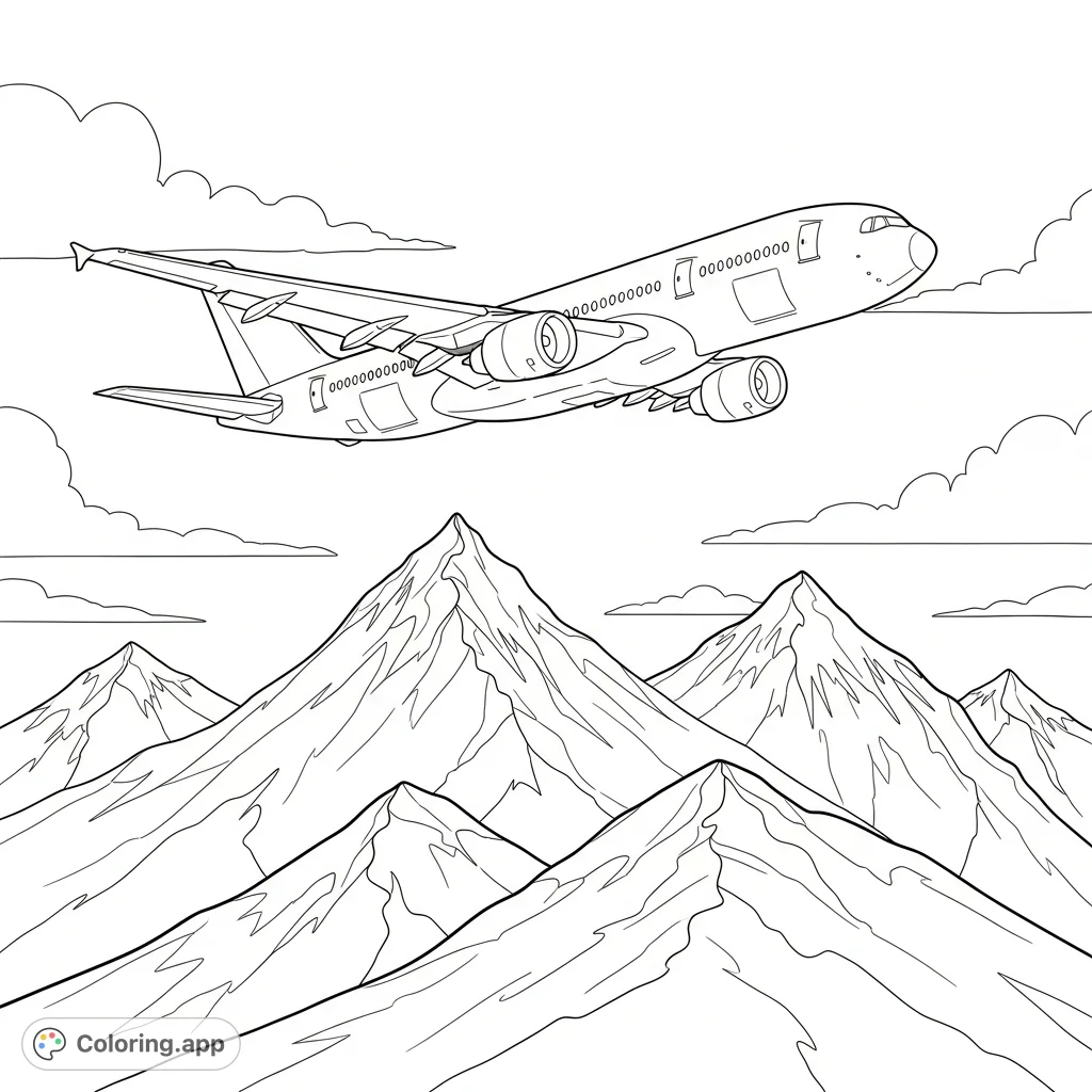 A detailed coloring page depicting a modern airliner soaring above majestic mountains with distinct snow-capped peaks. Perfect for travel enthusiasts and nature lovers.