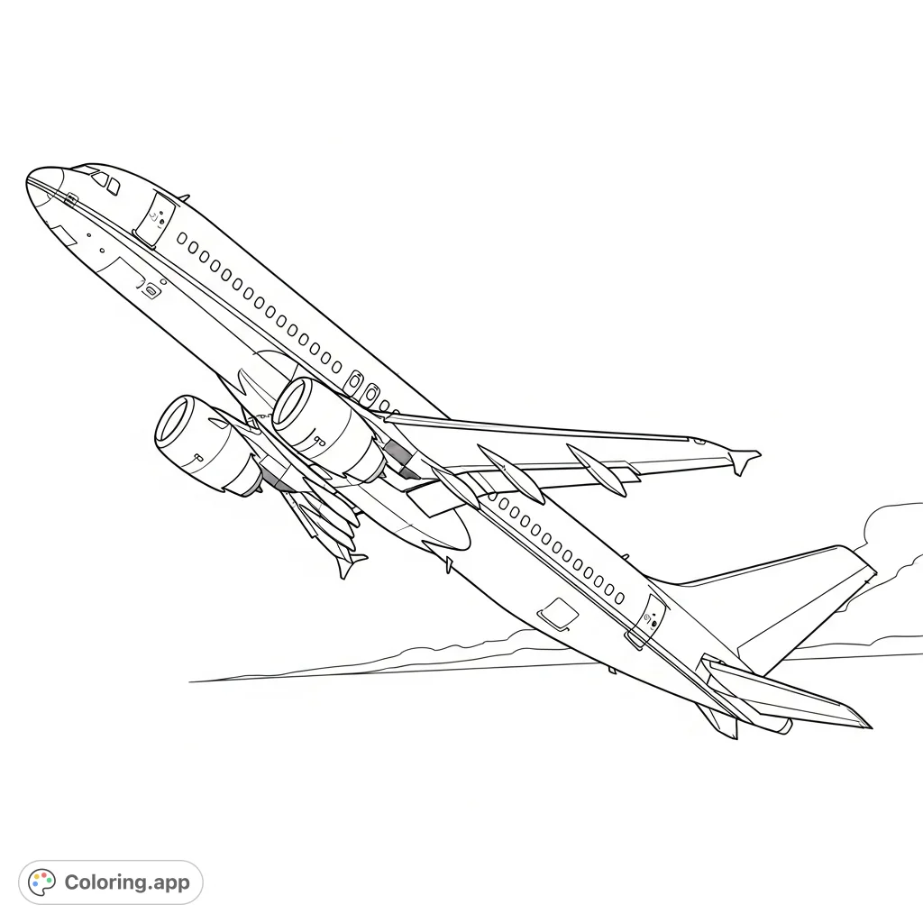 Color a dynamic scene featuring a narrow-body airliner climbing steeply after takeoff, with detailed fuselage, engines, and a vast, clear sky background.
