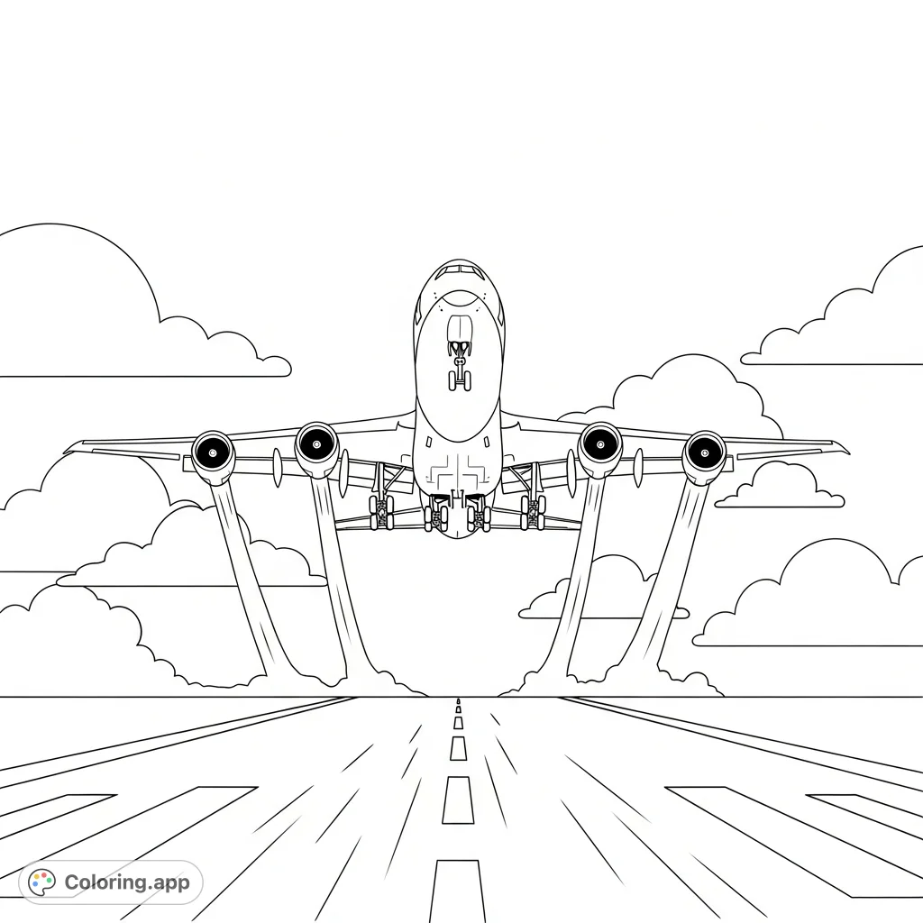 Experience the thrill of aviation with this detailed coloring page featuring a wide-body airliner soaring from a runway, landing gear extended and engines roaring.