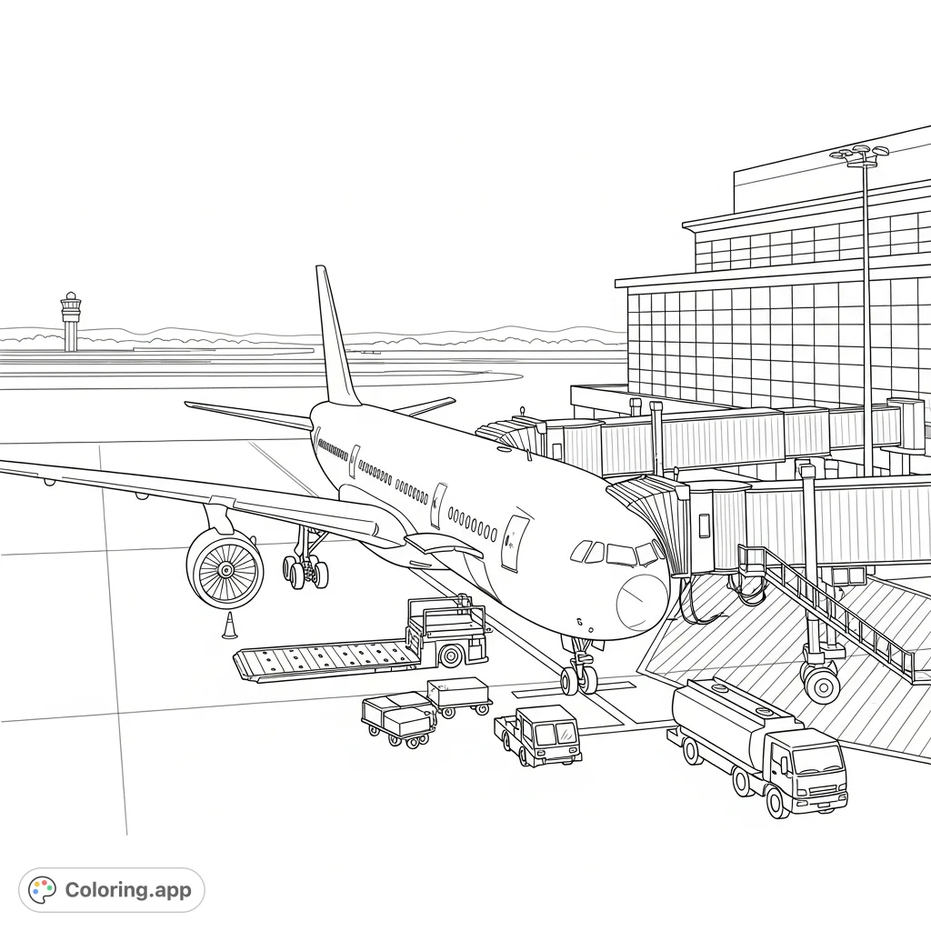A detailed coloring page featuring a passenger airplane docked at an airport gate, complete with a jet bridge, ground equipment, and terminal background.
