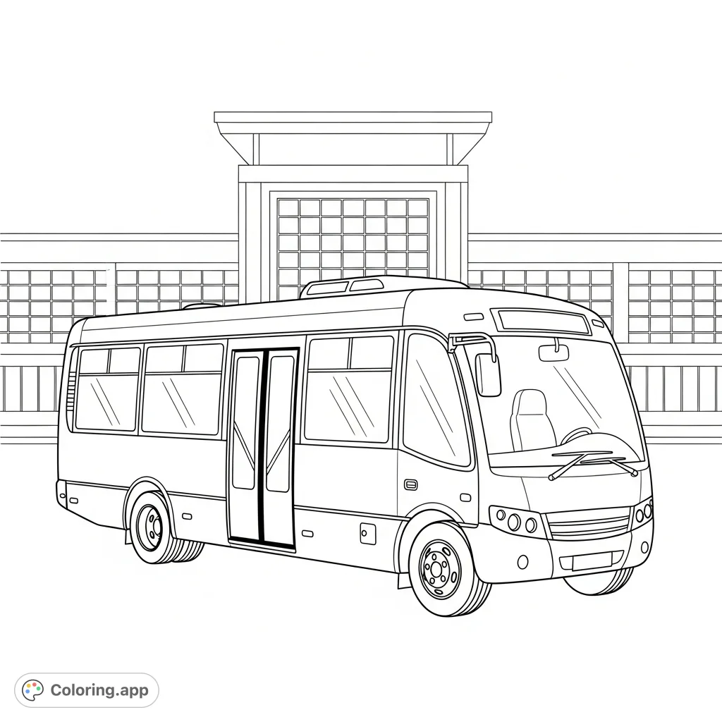 A detailed coloring page featuring a compact airport shuttle bus parked next to a stylized terminal building, ready for departure or arrival.