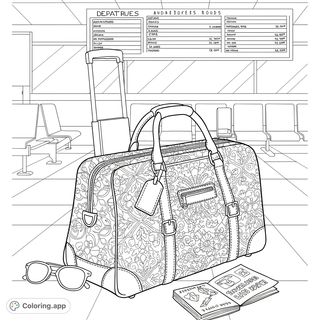 Detailed airport scene with a beautifully patterned duffel bag, sunglasses, and travel journal, ready for your creative coloring adventure.
