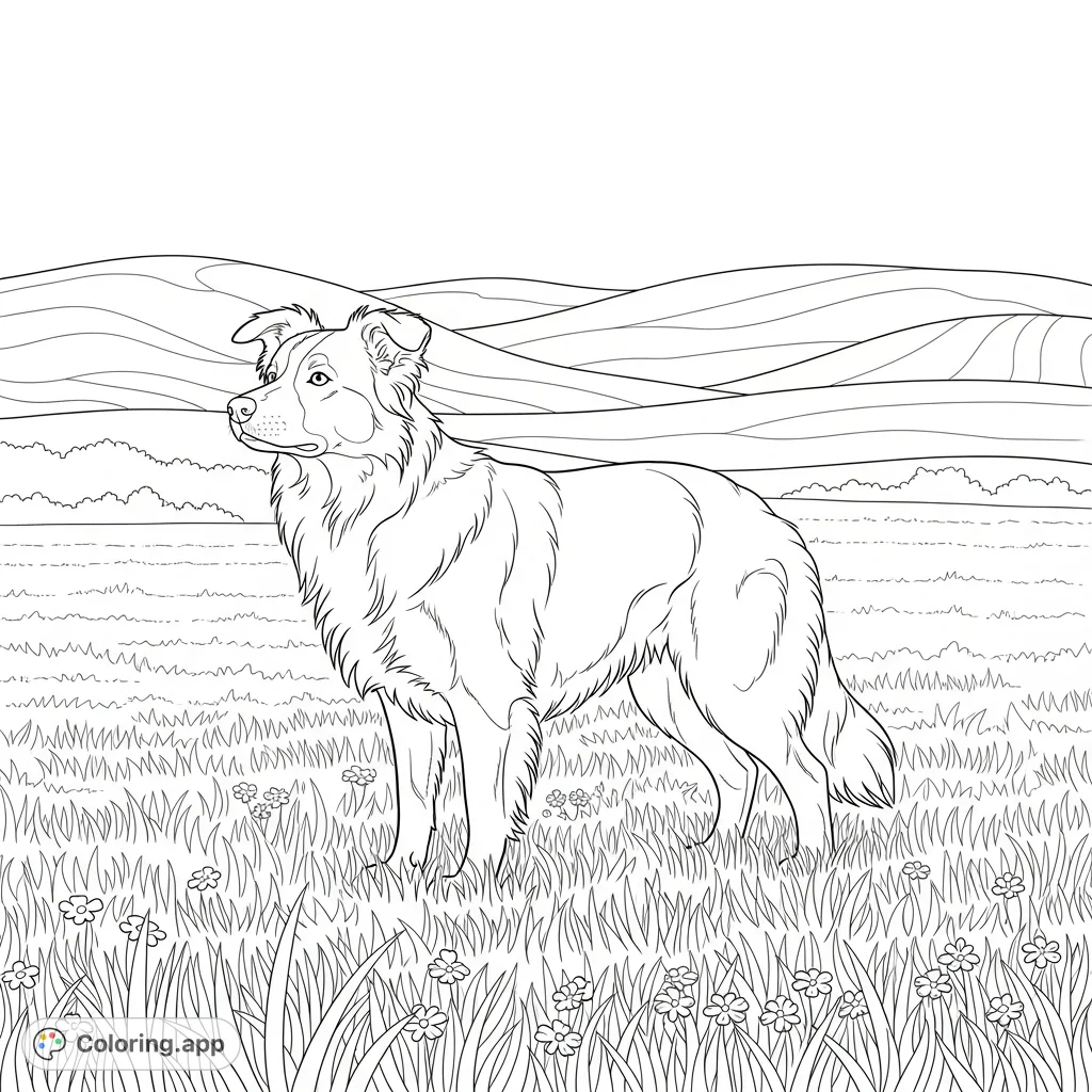 A focused Border Collie stands alert in a grassy field with rolling hills in the background. A delightful scene for animal lovers and coloring enthusiasts.