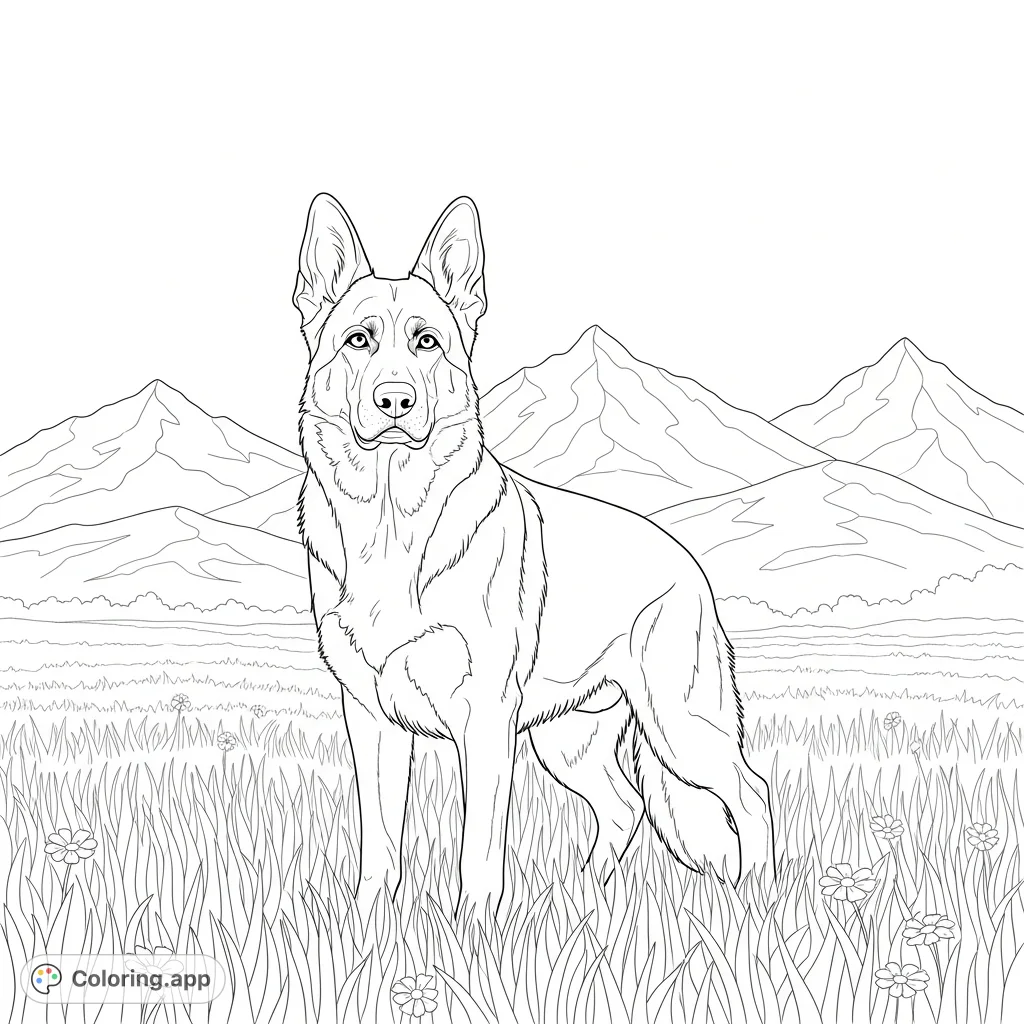 A striking German shepherd stands alert in a textured grassy field, with simplified mountains in the background. Perfect for dog lovers and nature enthusiasts.
