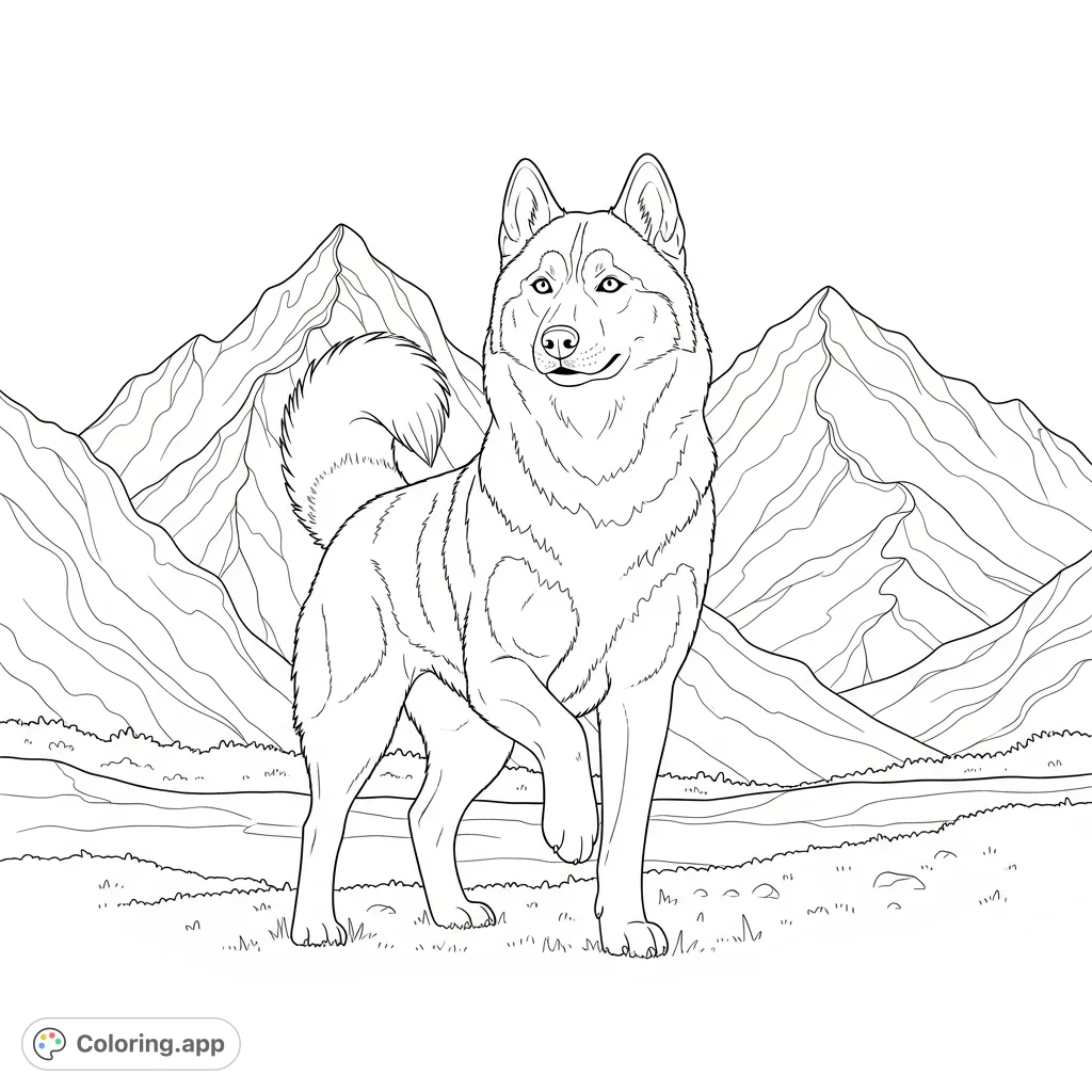 A majestic husky stands alert with a raised paw, observing a grand mountain landscape. Perfect for nature and animal lovers to color.