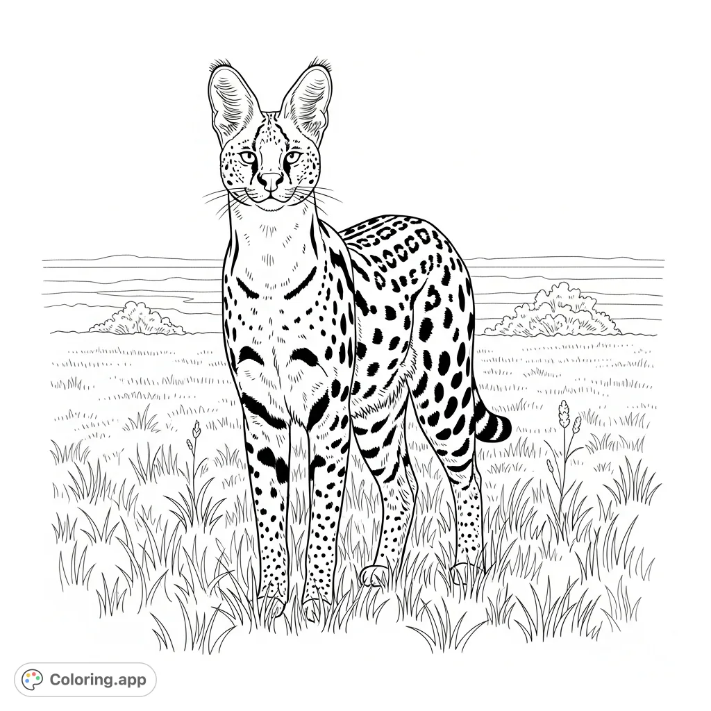Color a majestic serval standing tall amidst a wild grassland, emphasizing its long legs, large ears, and distinctive spotted coat pattern in a serene savanna setting.