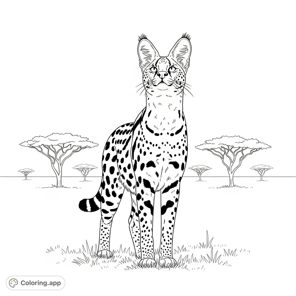An alert serval with prominent ears gazes upward in a minimalist savanna scene. Features intricate spotted fur and distant acacia trees.