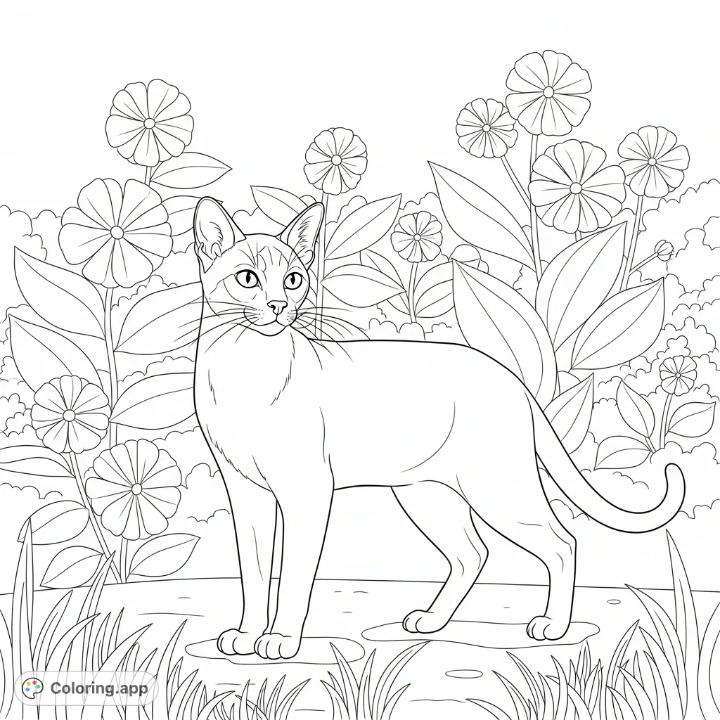 An elegant Siamese cat stands alert amidst a simplified garden of stylized flowers and leaves, offering a delightful and engaging coloring experience.