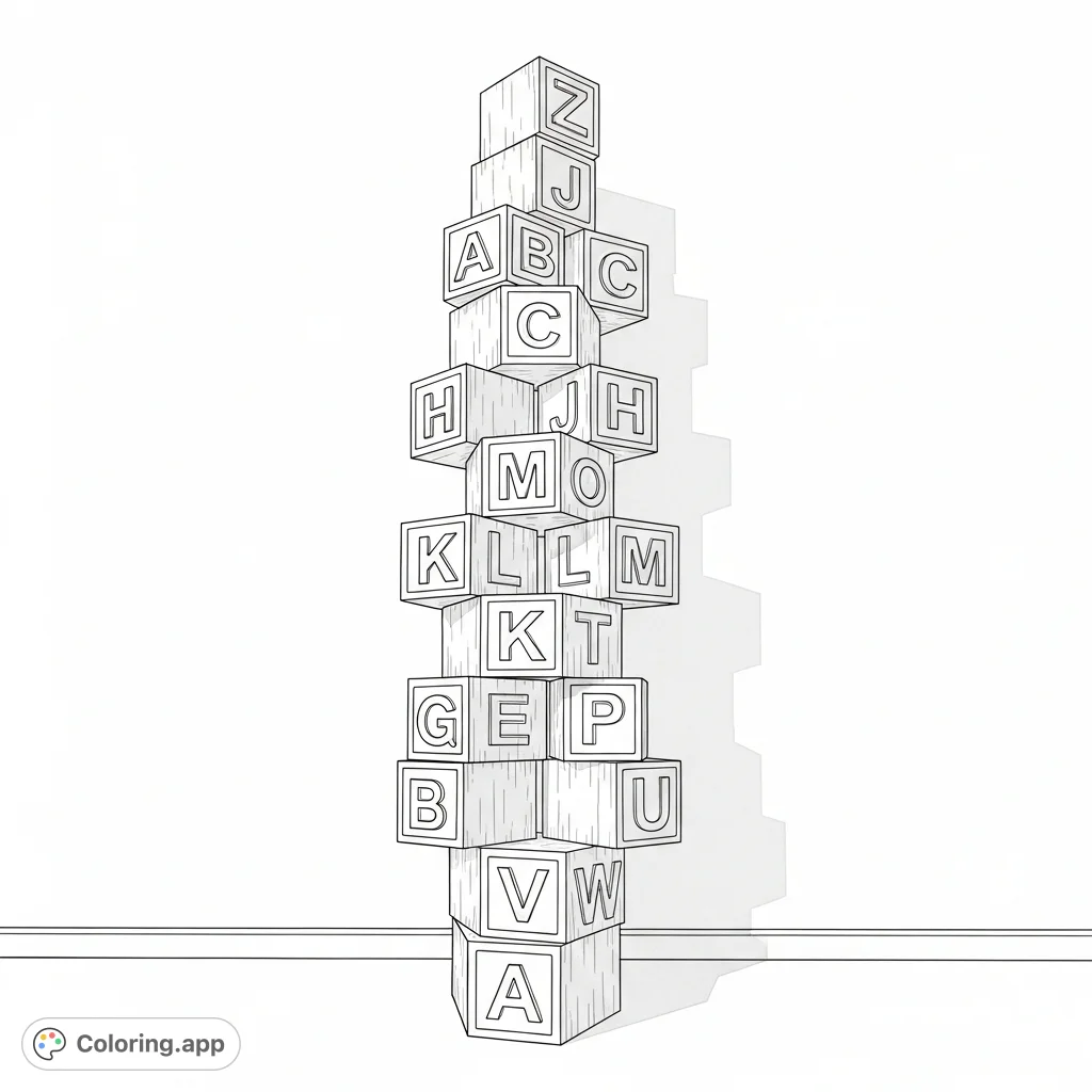 Discover a towering stack of alphabet blocks, from A to Z, ready for vibrant coloring. A fun and educational free printable alphabet block coloring page for all ages.
