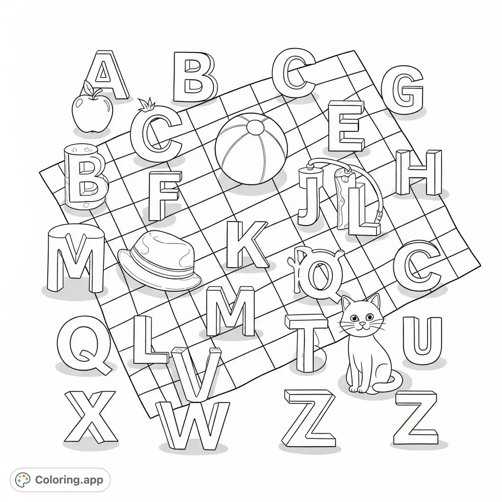 Explore the English alphabet with 26 charming objects on a checkered picnic blanket, each paired with its uppercase letter. A delightful learning adventure awaits!